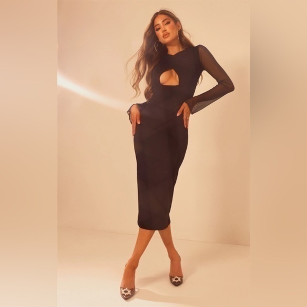 nwt | Black Mesh Cross Bust Detail Ruched Long Sleeve Midi Dress | size 4 US